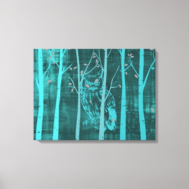 Blue Grunge Woodland Owl Canvas Print (Front)
