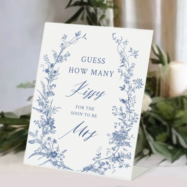 Blue Guess How Many Kisses Bridal Shower Game Pedestal Sign (Creator Uploaded)