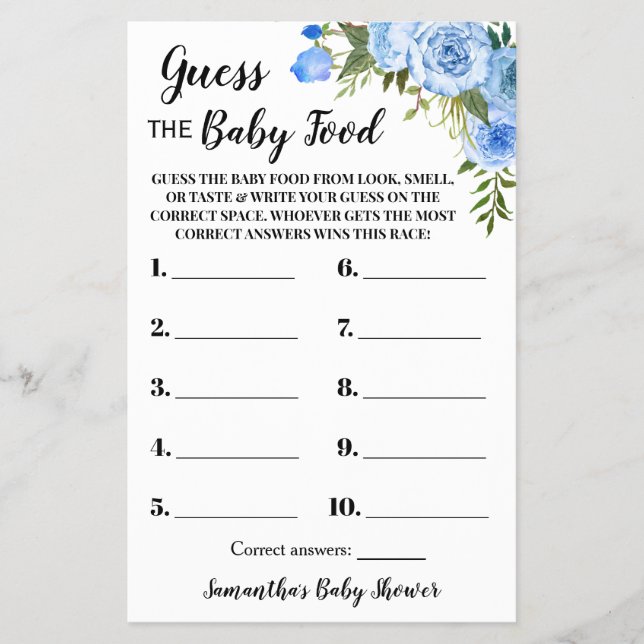 Blue Guess the Baby Food Baby Shower Game Card Flyer (Front)