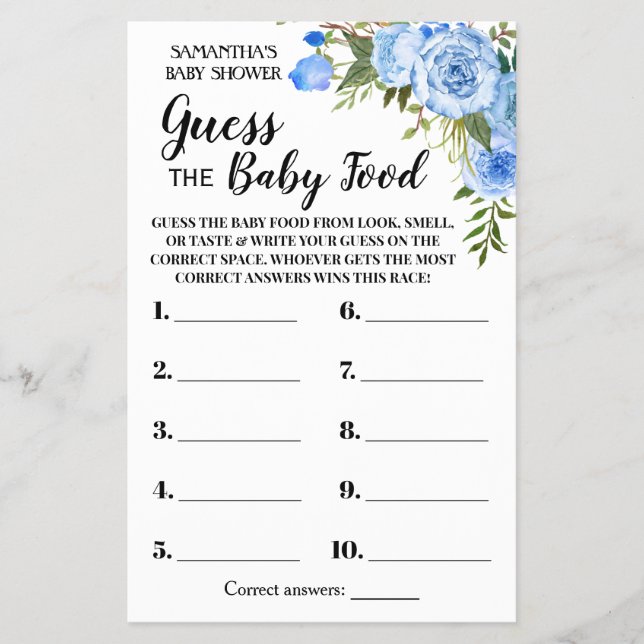 Blue Guess the Baby food shower game card Flyer (Front)