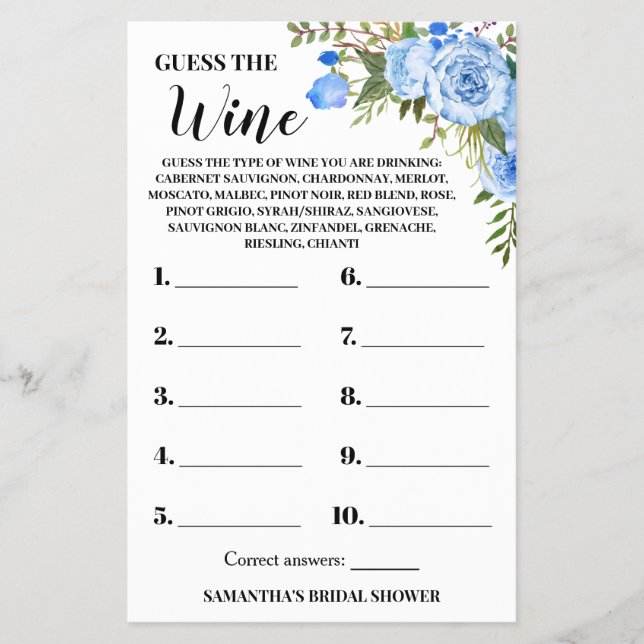 Blue Guess the Wine Couples Shower Game Card Flyer (Front)