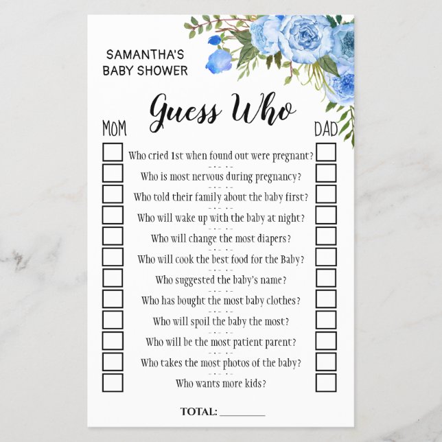 Blue Guess who baby shower bilingual game card Flyer (Front)