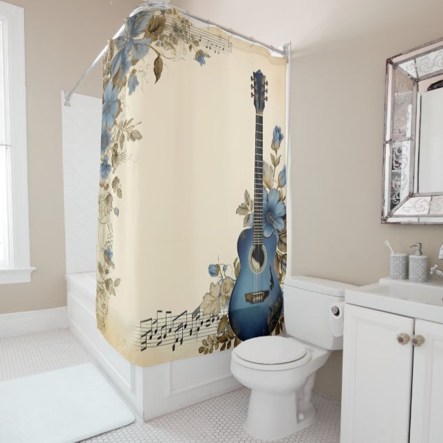 Blue Guitar Music Notes Flowers Shower Curtain (In Situ)
