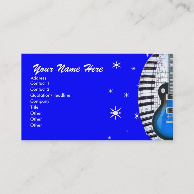 Blue Guitar Piano Keyboard & Stars Business Card (Front)