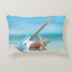 Blue Guitar & Seashell Abstract Beach Accent Pillow