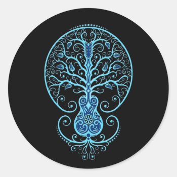 Blue Guitar Tree Of Life On Black Classic Round Sticker by JeffBartels at Zazzle