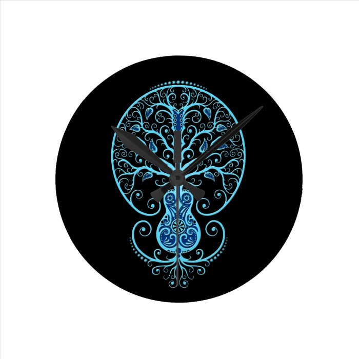 Blue Guitar Tree of Life on Black Round Clock