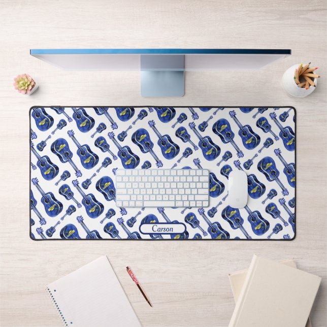 Blue Guitars Pattern Monogram Desk Mat (Office 1)