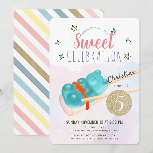Blue Gummy Bear Candy Sushi Girl Birthday Invitation | Zazzle