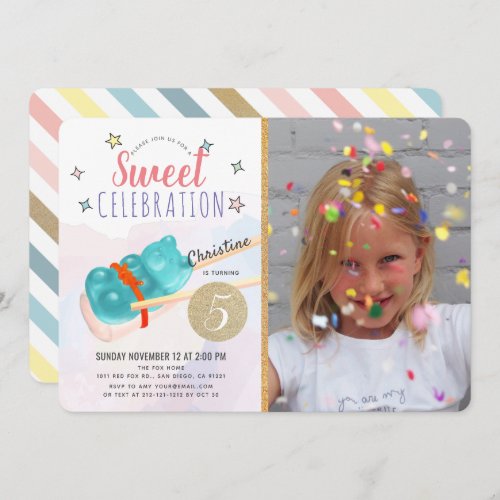 Blue Gummy Bear Candy Sushi Girl Photo Birthday Invitation