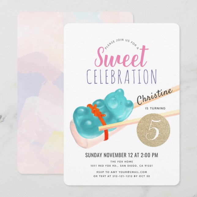 Blue Gummy Bear Candy Sushi Party Girl Birthday Invitation (Front/Back)
