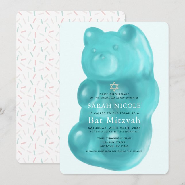 Blue Gummy Bear Girl Bat Mitzvah Invitation (Front/Back)