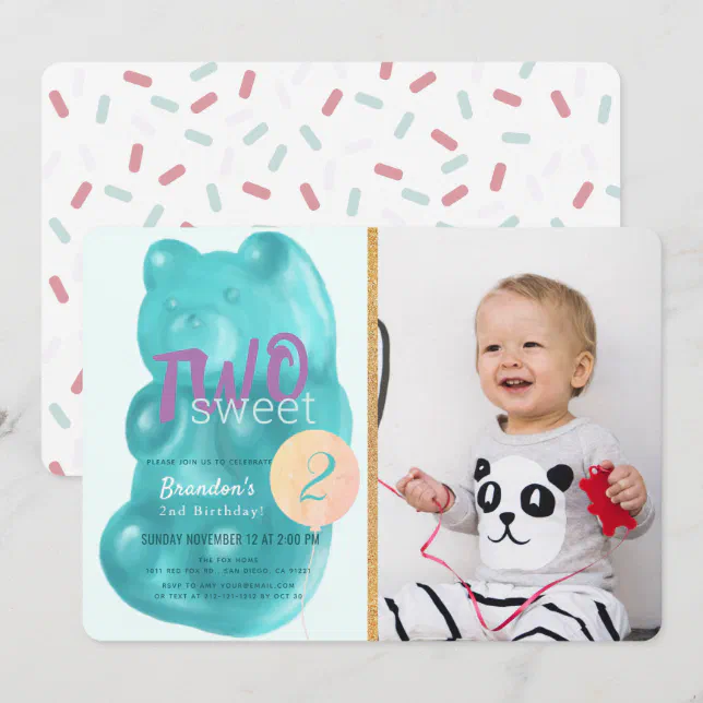 Blue Gummy Bear Two Sweet Photo 2nd Birthday Invitation | Zazzle