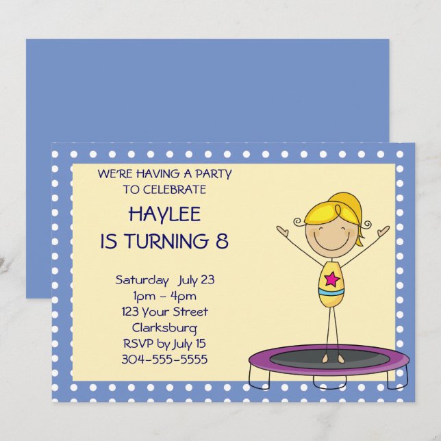 Blue Gymnastics Trampoline Birthday Party Invitation (Front/Back)