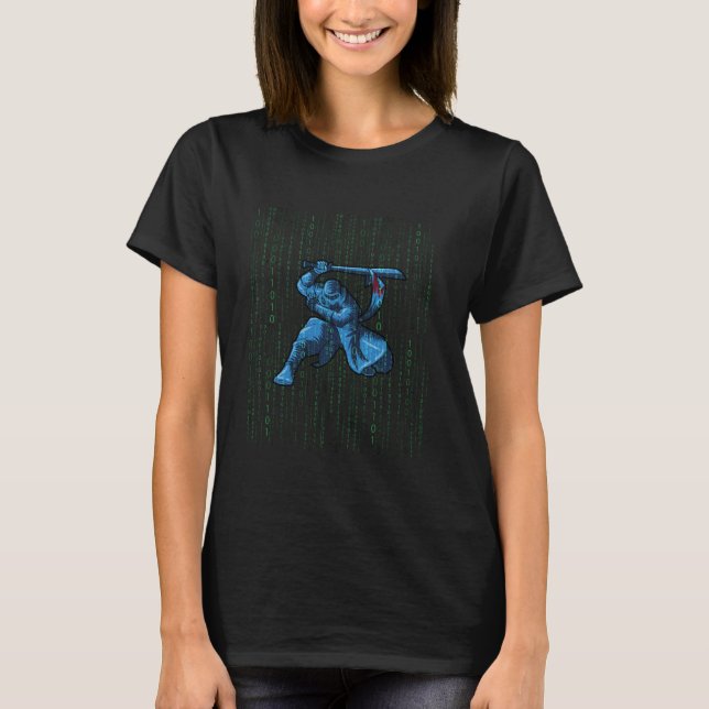 Blue Hacker Ninja Hides Behind Code for Coders T-Shirt (Front)