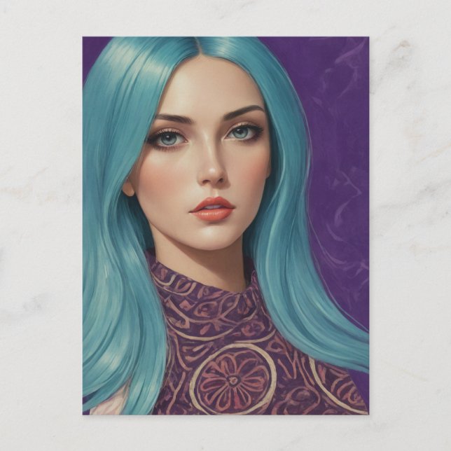 Blue Hair AI art from my own mixed media collage Postcard (Front)