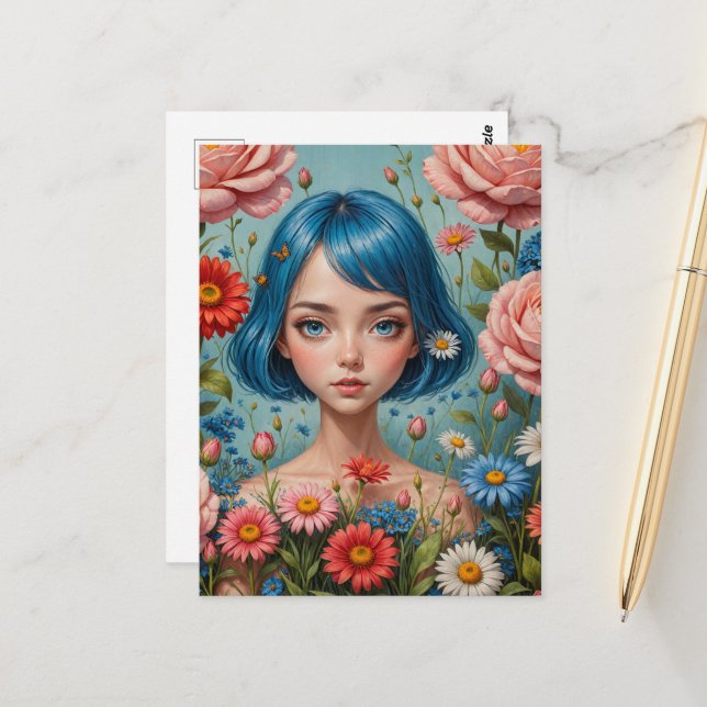 Blue Hair and Flowers Postcard (Front/Back In Situ)