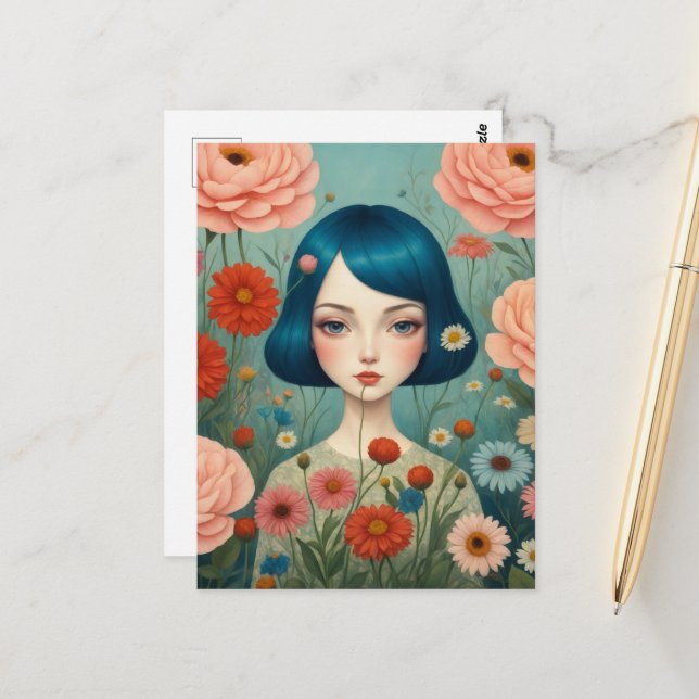 Blue Hair and Flowers Postcard (Front/Back In Situ)