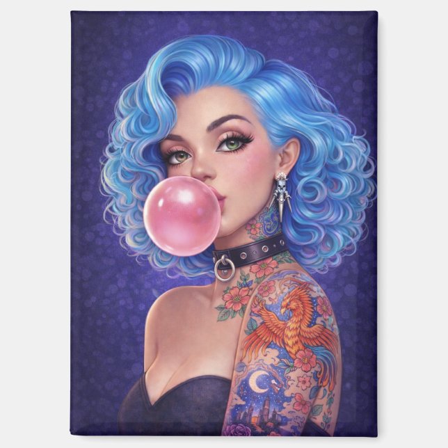 Blue Hair Bubblegum Pin-Up Girl Magnet – Edgy  (Front)
