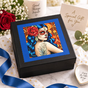 Blue Hair Catrina Woman with Red Rose Folk Art Gift Box