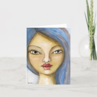 Blue Hair Girl Painting Fun Whimsical Art Note Card