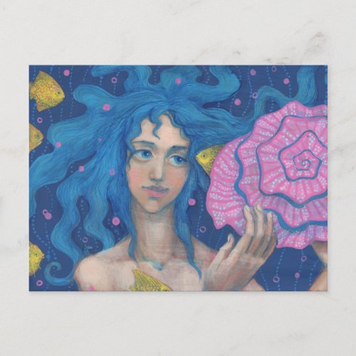 Blue Hair Mermaid Girl Sea Shell Fish Fantasy Art Postcard