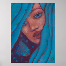 Blue Hair, Mermaid Portrait Fantasy Girl Woman Art Poster