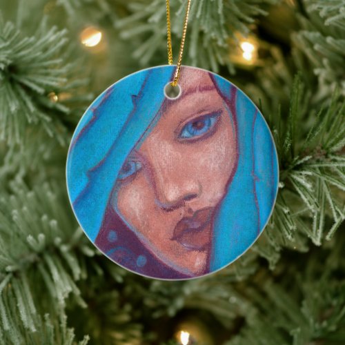 Blue Hair Mermaid Portrait Fantasy Pastel Painting Ceramic Ornament