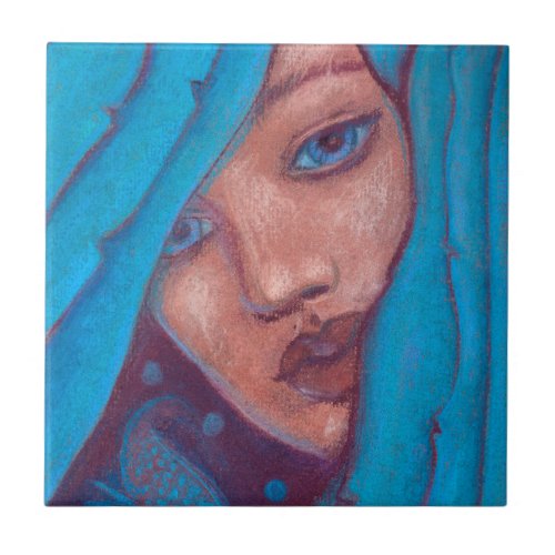 Blue Hair Mermaid Portrait Fantasy Pastel Painting Ceramic Tile