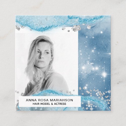  Blue Hair Model Actress Silver Glitter PHOTO Square Business Card