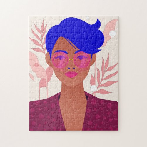 Blue Hair Pink Sunglasses Non_Binary Person Leaves Jigsaw Puzzle