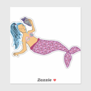 Blue Hair, Pink Tail Mermaid Reading Sticker