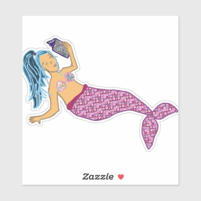 Blue Hair, Pink Tail Mermaid Reading Sticker (Sheet)