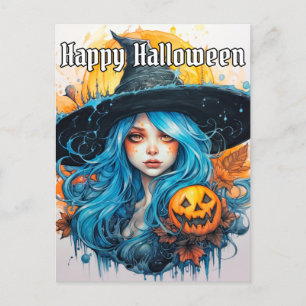 Blue Hair Witch Illustration   Happy Halloween Postcard