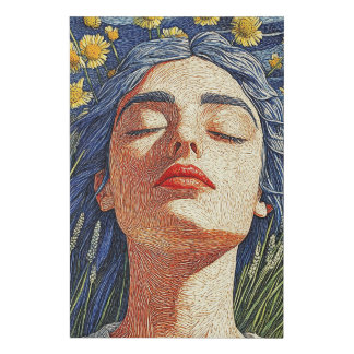 Blue Hair Woman Yellow Flowers Textured Portrait Faux Canvas Print