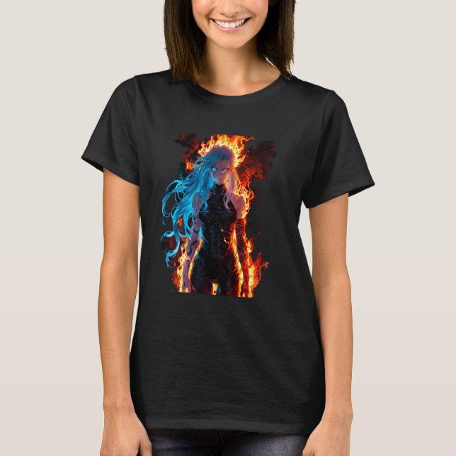 Blue Haired Demon Fantasy in Hellfire T-Shirt (Front)