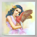 Blue Haired Elf And Her Galah Realistic Painting Poster