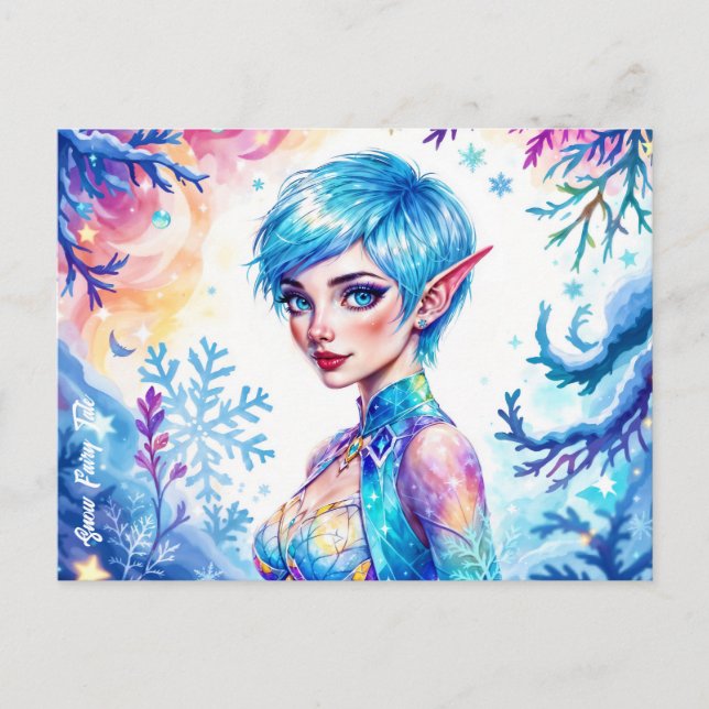 Blue haired elf magic ice princes snow forest postcard (Front)