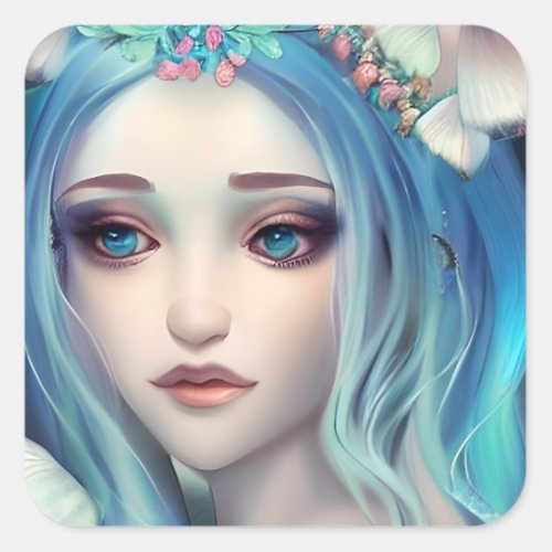 Blue Haired Fairy  Fantasy Art Square Sticker