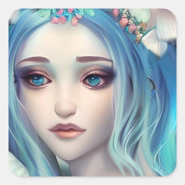 Blue Haired Fairy | Fantasy Art Square Sticker (Front)