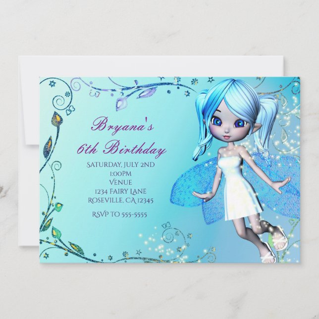 Blue Haired Fairy Girls Birthday Party Invitations (Front)