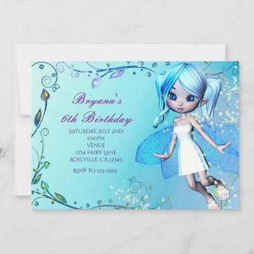 Blue Haired Fairy Girls Birthday Party Invitations