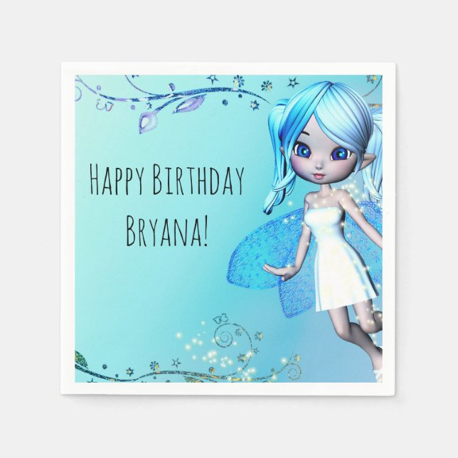 Blue Haired Fairy Girls Birthday Party Paper Napkins (Front)