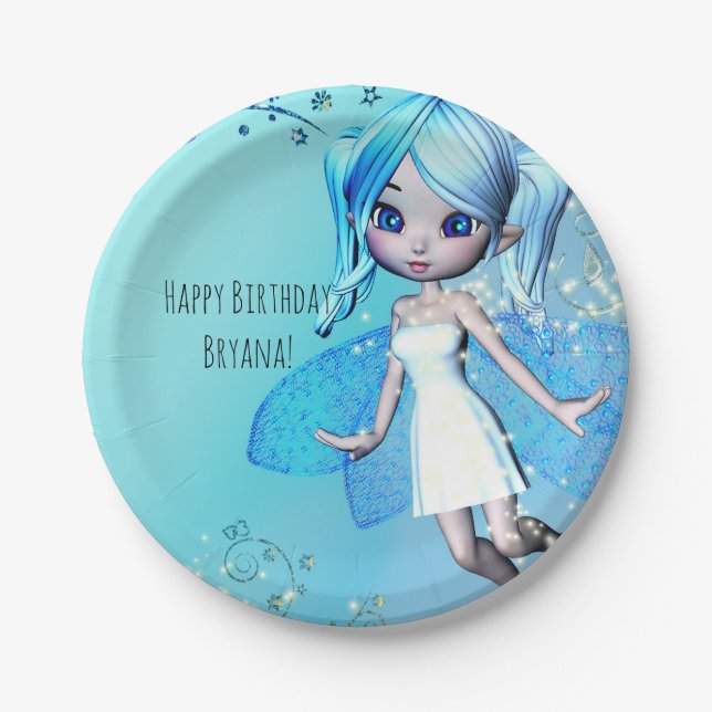 Blue Haired Fairy Girls Birthday Party Paper Plates (Front)