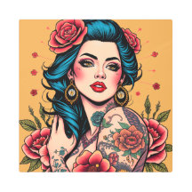 Blue-Haired Pin Up Girl with Roses