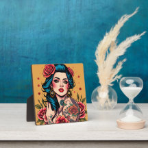 Blue-Haired Pin Up Girl with Roses