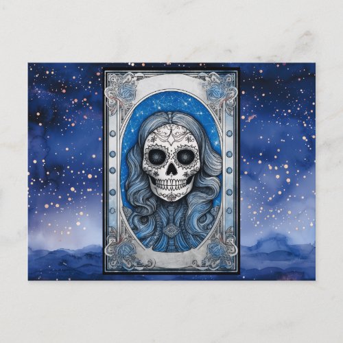 Blue Haired Skull Starry Night Halloween Holiday Postcard