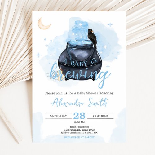 Blue Halloween A Baby is Brewing Baby Shower  Invitation