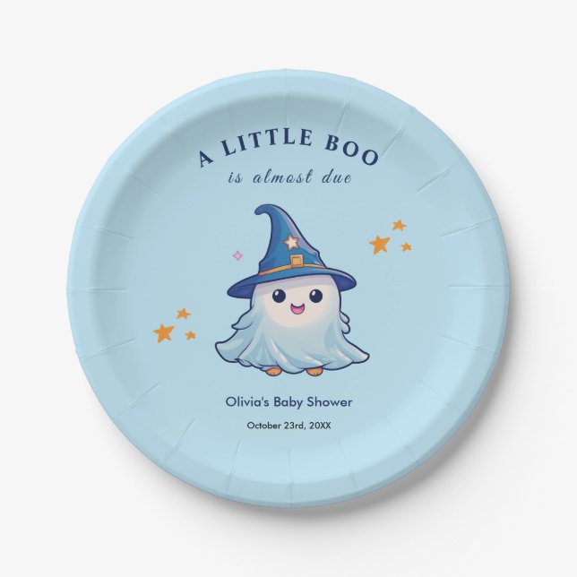 Blue Halloween A Little Boo Baby Shower Paper Plates (Front)