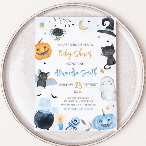 Blue Halloween Baby Shower  Invitation